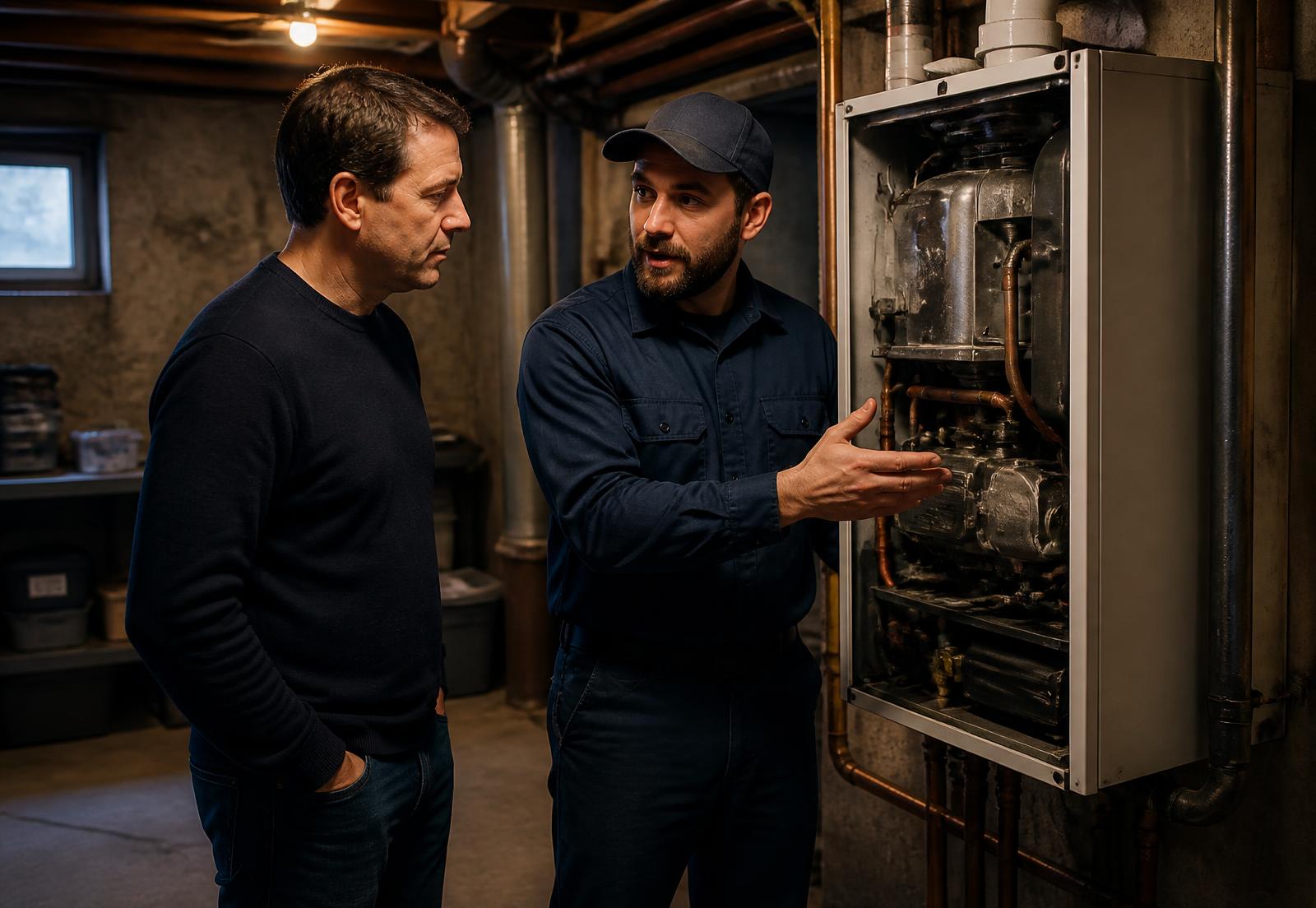 Plumber explaining a basement repair to a homeowner