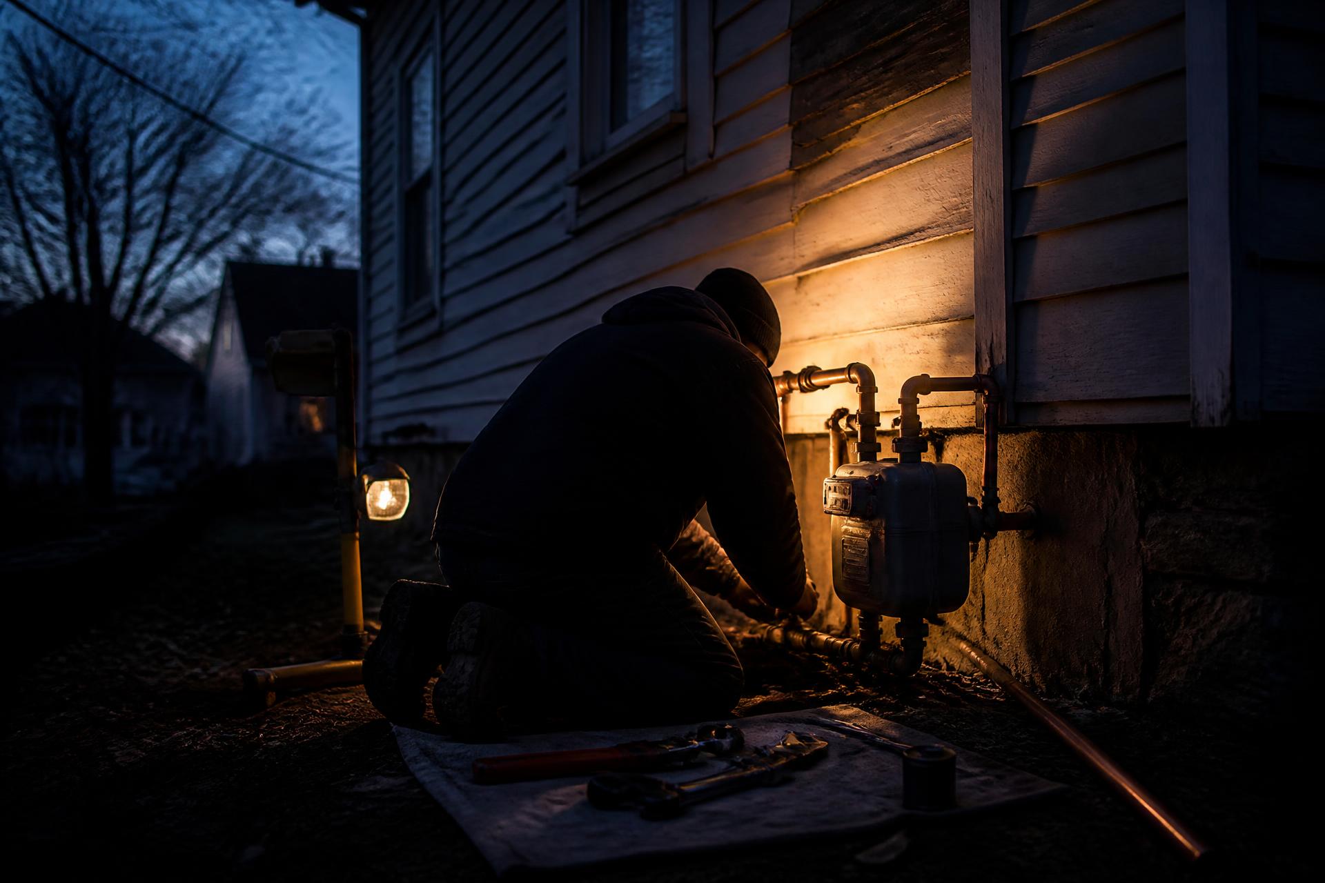 Plumber working on gas meter and copper piping outside a North Jersey home at dusk