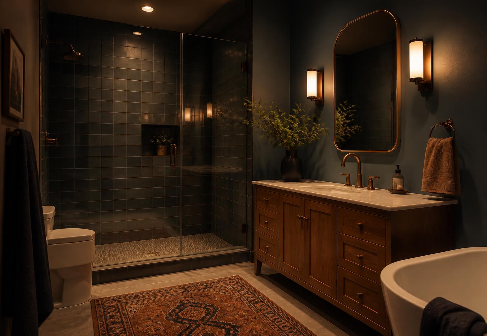 Finished bathroom with warm lighting in a North Jersey home