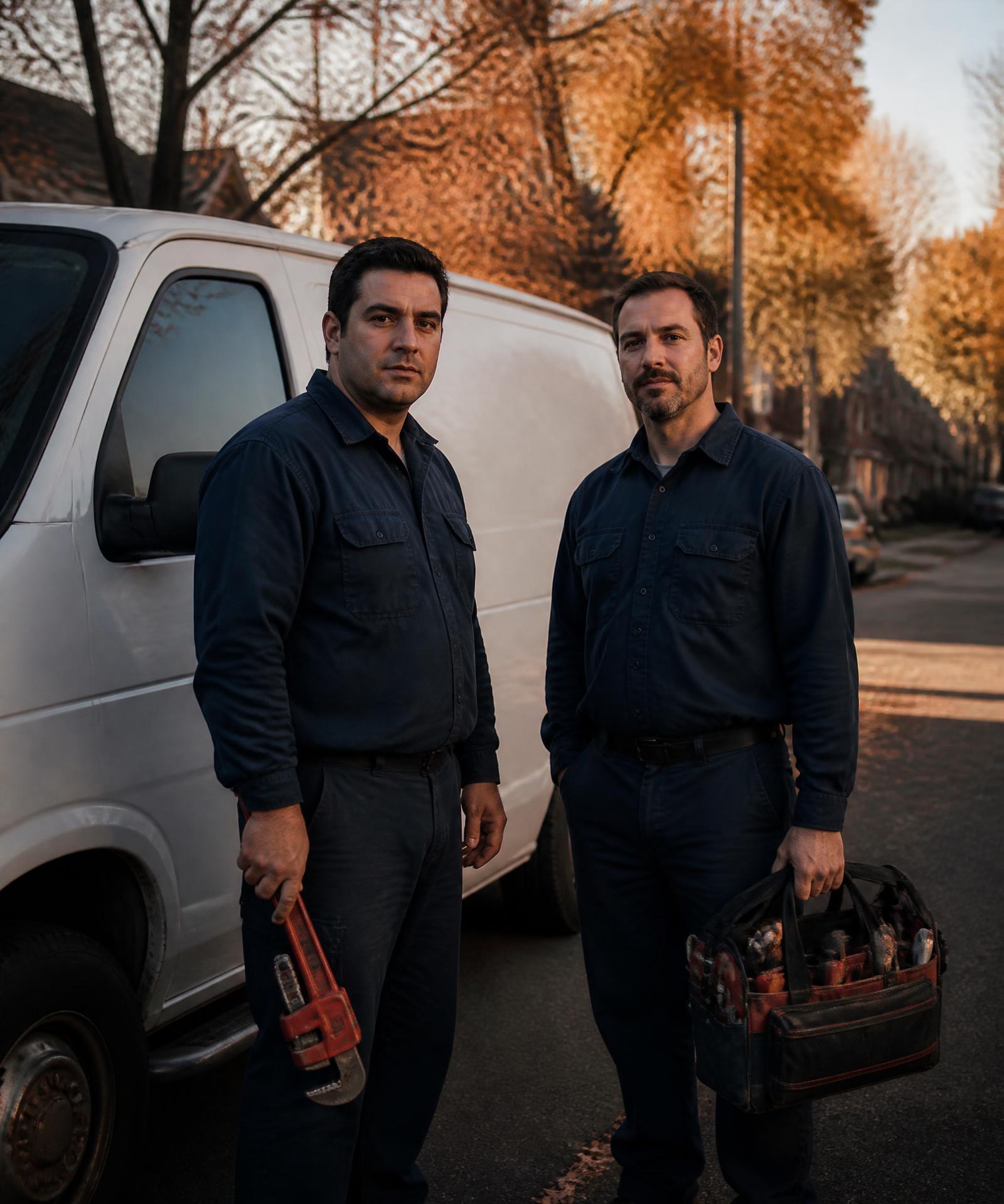 Two plumbers with their tools beside a service van on a North Jersey street